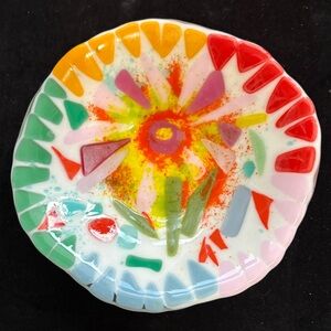 “Brilliant Pink Flower “”Fused Art Glass Design  Original Handmade  7”x2.5” Bowl